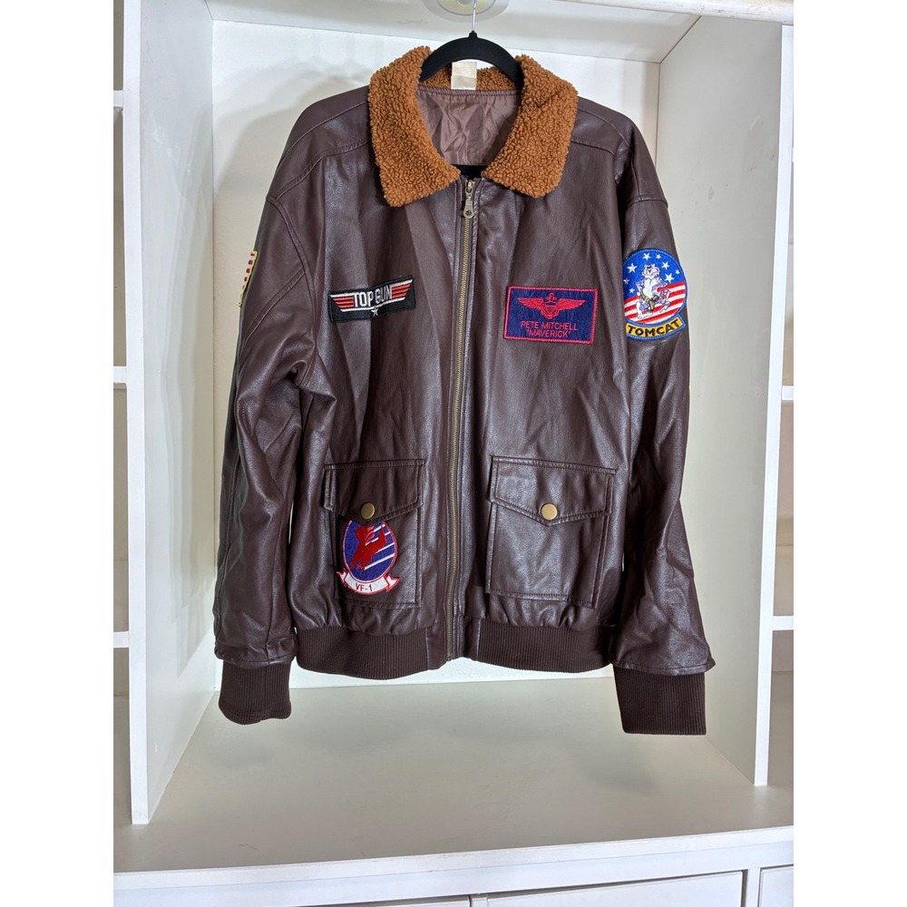 Top Gun Maverick Flight Jacket Mens Large Brown Faux Leather Sherpa Bomber Patch